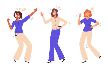 Obraz premium Flat female dancers. Women moving to music, people dancing and enjoying music party flat vector illustration set
