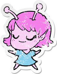 distressed sticker of a smiling alien girl cartoon