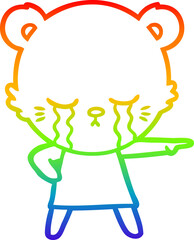 rainbow gradient line drawing crying cartoon bear in dress pointing