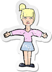 retro distressed sticker of a cartoon woman shrugging shoulders