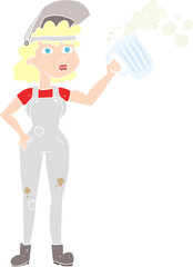 flat color illustration of a cartoon hard working woman with beer