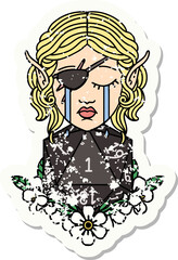 crying elf rogue character face with natural one D20 roll grunge sticker
