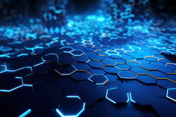 Abstract background. Neon blue hexagons. AI generative.