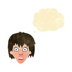 cartoon frightened woman with thought bubble