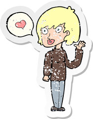 retro distressed sticker of a cartoon woman in love