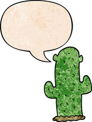 cartoon cactus and speech bubble in retro texture style