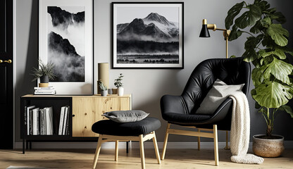 Modern Scandinavian Living Room with Designer Armchair and Chic Decor Created Using Generative Ai
