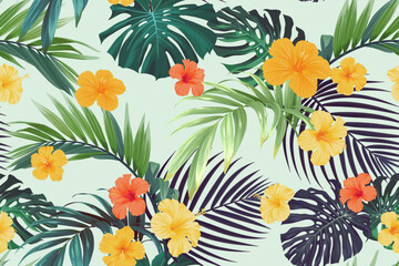 Tropical pattern with green palm leaves and hibiscus flowers. Summer bright vector background or textile illustration. © Ms.Moloko