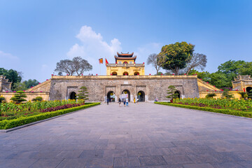 view inside of Imperial Citadel of Thang Long in Hanoi, Vietnam, the main gate (called as Doan Mon), Kinh Thien palace. Travel and landscape concept. - obrazy, fototapety, plakaty