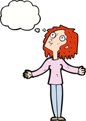 cartoon curious woman looking upwards with thought bubble