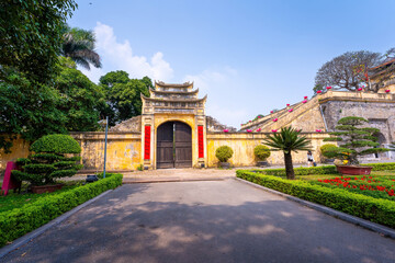 view inside of Imperial Citadel of Thang Long in Hanoi, Vietnam, the main gate (called as Doan Mon), Kinh Thien palace. Travel and landscape concept. - obrazy, fototapety, plakaty