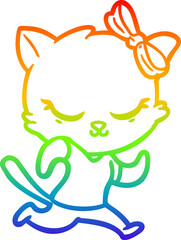 rainbow gradient line drawing cute cartoon cat with bow