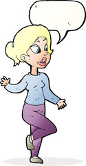 cartoon friendly woman waving with speech bubble