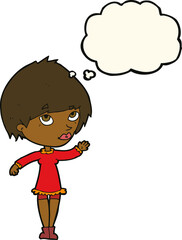 cartoon woman waving with thought bubble