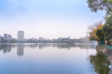 West lake and Truc Bach lake in foggy morning, Hanoi city, Vietnam. Travel and landscape concept.