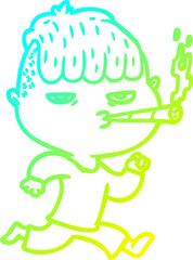 cold gradient line drawing cartoon man smoking whilst running