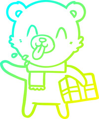 cold gradient line drawing rude cartoon bear with present