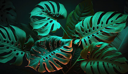 Colorful Neon Light Illuminates Tropical Leaves in Backlight Created Using Generative Ai