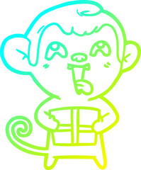 cold gradient line drawing crazy cartoon monkey with christmas present