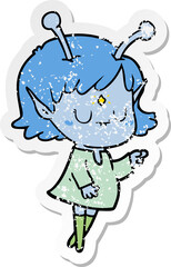 distressed sticker of a cartoon alien girl