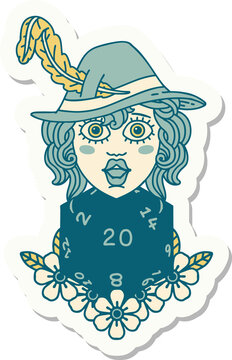 human bard with natural 20 dice roll sticker