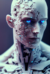 Vertical portrait of an image of a robot with human features. The future of artificial intelligence.