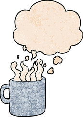 cartoon hot cup of coffee and thought bubble in grunge texture pattern style