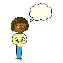 cartoon woman gesturing at self with thought bubble