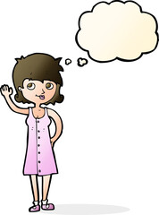 cartoon pretty woman waving with thought bubble