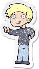 retro distressed sticker of a cartoon man pointing