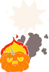 cartoon flaming halloween pumpkin and speech bubble in retro style