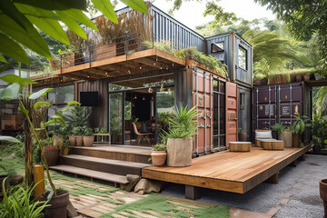 Sustainable container home design. Creative architecture using repurposed shipping containers for a stylish and eco-friendly living space