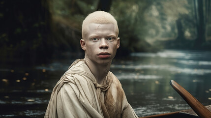 Unforgettable portrait of an albino indigenous. Albino sailing on a raft in a wild river