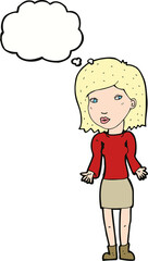 cartoon woman shrugging shoulders with thought bubble