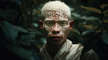 Portrait of young Aboriginal albino. Aboriginal albino is trying to hunt among the leaves of the jungle. - obrazy, fototapety, plakaty