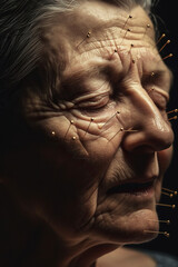Face of an elderly woman with acupuncture needles in her face. Olistic medicine.