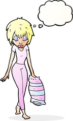 cartoon woman going to bed with thought bubble