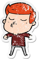 distressed sticker of a cartoon model guy pouting