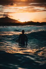 Silhouette of person in the sea with a sunset on a highly detailed island. Close up image of sea waves with surfer.