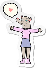 sticker of a cartoon werewolf woman in love