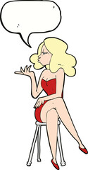 cartoon woman sitting on bar stool with speech bubble