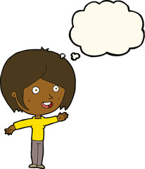 cartoon happy girl waving with thought bubble