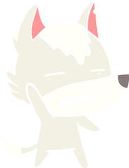 flat color style cartoon wolf waving showing teeth