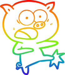 rainbow gradient line drawing cartoon pig shouting and kicking