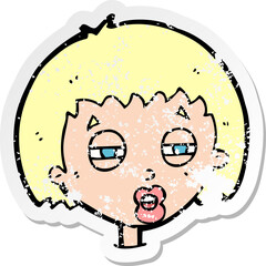 retro distressed sticker of a cartoon woman narrowing eyes