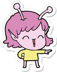 sticker of a cartoon alien girl laughing