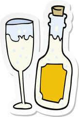 sticker of a cartoon champagne bottle and glass