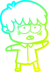 cold gradient line drawing cartoon exhausted boy