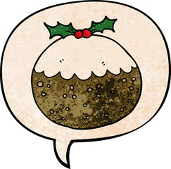 cartoon christmas pudding and speech bubble in retro texture style