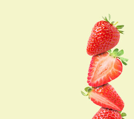 Stack of fresh strawberries on beige background, space for text